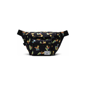 Herschel Seventeen hip pack featuring Simpsons design, compact black bag with adjustable strap and colorful cartoon graphics.