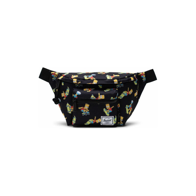 Herschel Seventeen hip pack featuring Simpsons design, compact black bag with adjustable strap and colorful cartoon graphics.