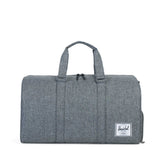 Herschel Novel Duffle bag in black with leather accents, featuring sturdy handles and a spacious main compartment.