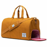 Herschel Novel Duffle bag in black with leather accents, featuring sturdy handles and a spacious main compartment.
