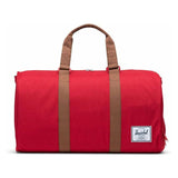 Herschel Novel Duffle bag in black with leather accents and adjustable shoulder strap, shown on a plain background.