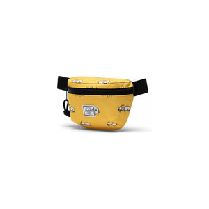 Herschel Fourteen hip pack featuring Simpsons design, black fabric with adjustable strap and front zipper pocket.