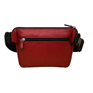Red leather waist bag by ILI, stylish waist pack with adjustable strap and spacious compartment, perfect for casual outings.