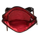 Red ILI leather waist pack with adjustable strap and multiple compartments, ideal for hands-free carrying.