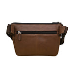 ILI leather waist bag in tan with adjustable strap and multiple compartments, designed for stylish convenience.