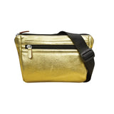 ILI leather waist bag in gold with adjustable strap and multiple compartments, perfect for stylish, hands-free carrying.