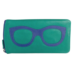 ILI leather eyeglass case in aqua cobalt color, stylish wallet with secure closure for glasses and small essentials.