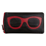 ILI leather eyeglass case in black and red with wallet-style design, featuring a sleek, compact storage for glasses and small essentials.