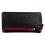 ILI leather eyeglass case in black and red, designed as a sleek wallet with a secure closure and compact storage.