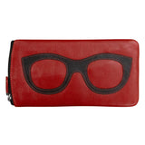 Red and black ILI leather eyeglass case with wallet design, compact and stylish for storing glasses and small essentials.
