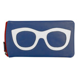 ILI leather eyeglass case in nautical blue, compact wallet design with smooth leather exterior and secure snap closure.