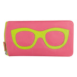 Hot pink leather ILI eyeglass case with leaf design, compact wallet style, durable and stylish for protecting glasses.