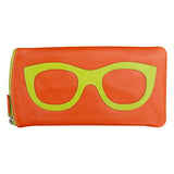 ILI leather eyeglass case in orange with leaf design, compact wallet-style storage for glasses, made by ILI.