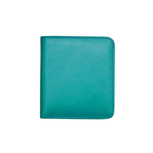 ILI Mini Bi-Fold RFID Wallet in aqua cobalt color with multiple card slots and a sleek design.