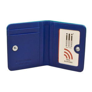ILI Mini Bi-Fold RFID Wallet in vibrant aqua cobalt, showcasing compact design with multiple card slots and secure RFID protection.
