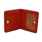 Black and red ILI mini bi-fold RFID wallet with card slots and secure design, showing the compact wallet open and closed.