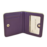 ILI Mini Bi-Fold RFID Wallet in purple with green accents, featuring multiple card slots and a sleek compact design.