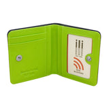 Navy blue ILI Mini Bi-Fold RFID Wallet with leaf pattern, compact design, and card slots for secure storage.
