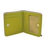 ILI Mini Bi-Fold RFID Wallet in purple and green with multiple card slots and a sleek compact design.