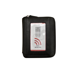 Black ILI RFID zip around wallet with multiple card slots and coin pocket, compact and secure for everyday use.