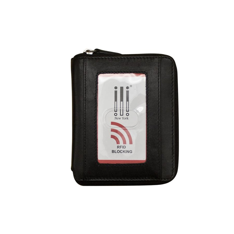Black ILI RFID zip around wallet with multiple card slots and coin pocket, compact and secure for everyday use.