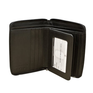 Black ILI RFID zip around wallet with multiple card slots and coin pocket, showcasing secure wallet design and compact style.