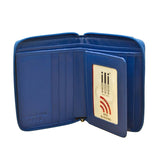 Blue ILI RFID zip around wallet with multiple card slots and a secure zip closure, designed for organized everyday use.