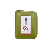 Moss green ILI RFID zip around wallet with multiple card slots and secure zip closure, made of durable leather.