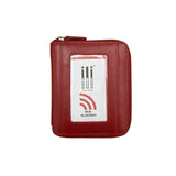 Red ILI RFID zip-around wallet with multiple card slots and coin pocket, made of durable material.