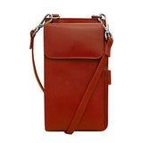 Red ILI crossbody wallet and phone organizer with multiple compartments for cards, cash, and smartphone storage.
