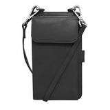 Black ILI crossbody wallet and phone organizer with multiple compartments, compact design, and adjustable strap.