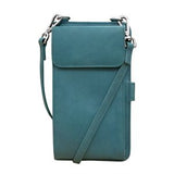 Blue ILI Crossbody Wallet and Phone Organizer with multiple card slots and a secure zip closure, designed for convenience.