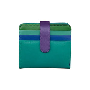ILI RFID leather snap bi-fold wallet with tropical design, featuring multiple card slots and a sleek, compact style.