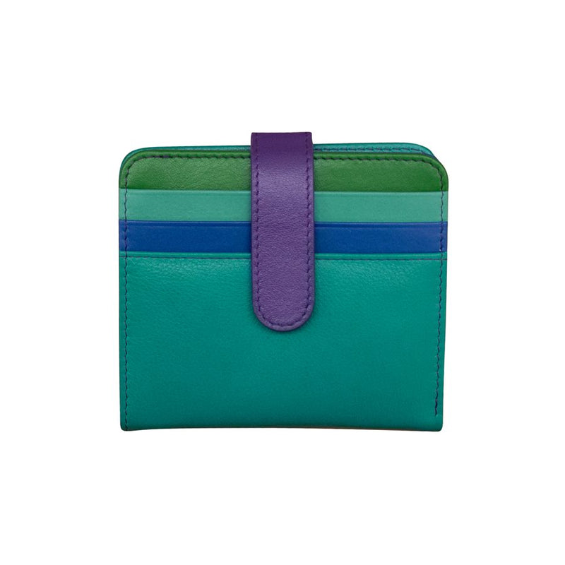 ILI RFID leather snap bi-fold wallet with tropical design, featuring multiple card slots and a sleek, compact style.
