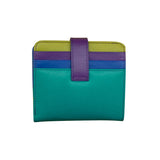 ILI RFID leather snap bi-fold wallet with tropical pattern, featuring multiple card slots and a sleek design.