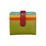 ILI RFID leather snap bi-fold wallet in citrus color, showing textured leather exterior and multiple card slots.