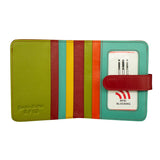 ILI RFID leather snap bi-fold wallet in citrus color with card slots and RFID protection, shown open with visible interior compartments.