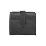 Black ILI RFID leather snap bi-fold wallet with card slots and cash compartment, crafted from high-quality leather.