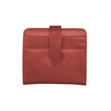 Red RFID leather snap bi-fold wallet by ILI with multiple card slots and a sleek design.