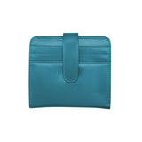 ILl RFID leather snap bi-fold wallet in jeans blue with card slots and RFID protection, designed by ILI.