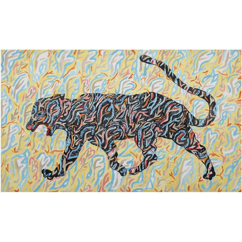 Fine art print titled 'Nagual' by Jordan Cantwell, featuring vibrant, abstract artwork displayed on a wall.