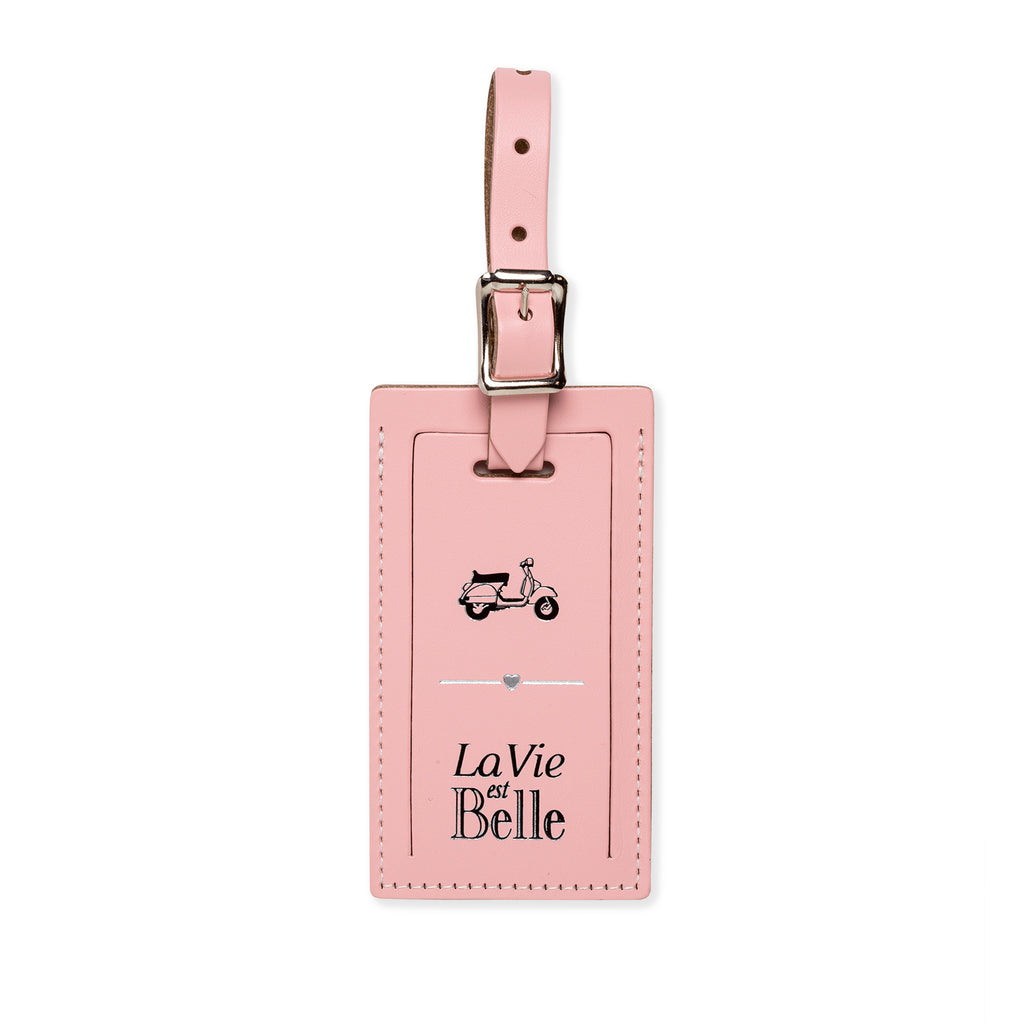 Vespa and La Vie Est Belle luggage tags by Index Urban featuring colorful, stylish designs on durable leather.