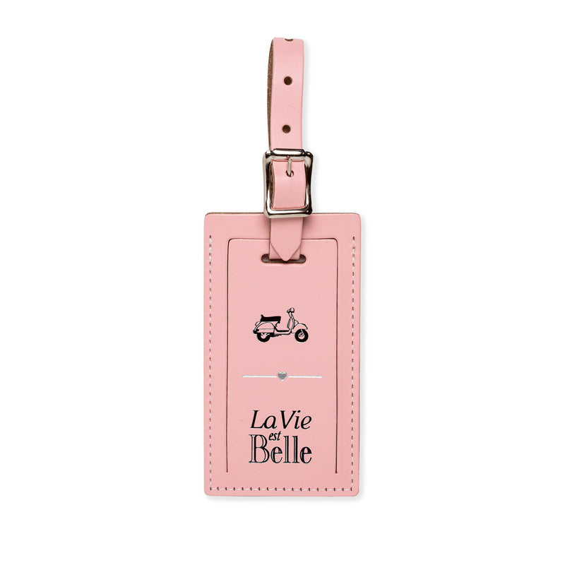 Vespa and La Vie Est Belle luggage tags by Index Urban featuring colorful, stylish designs on durable leather.