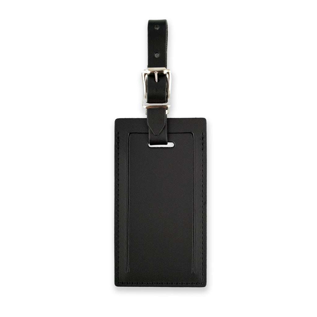 Black personalized leather luggage tag by Index Urban, made in the USA, featuring a sleek design for travel accessories.