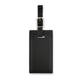 Black personalized leather luggage tag by Index Urban, made in the USA, featuring a sleek design for travel accessories.