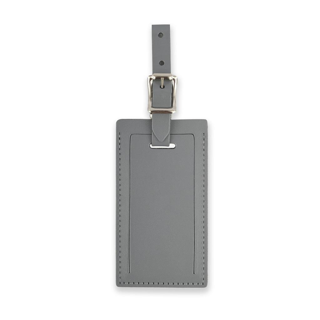 Gray personalized leather luggage tag by Index Urban, featuring custom branding and durable design for travel accessories.