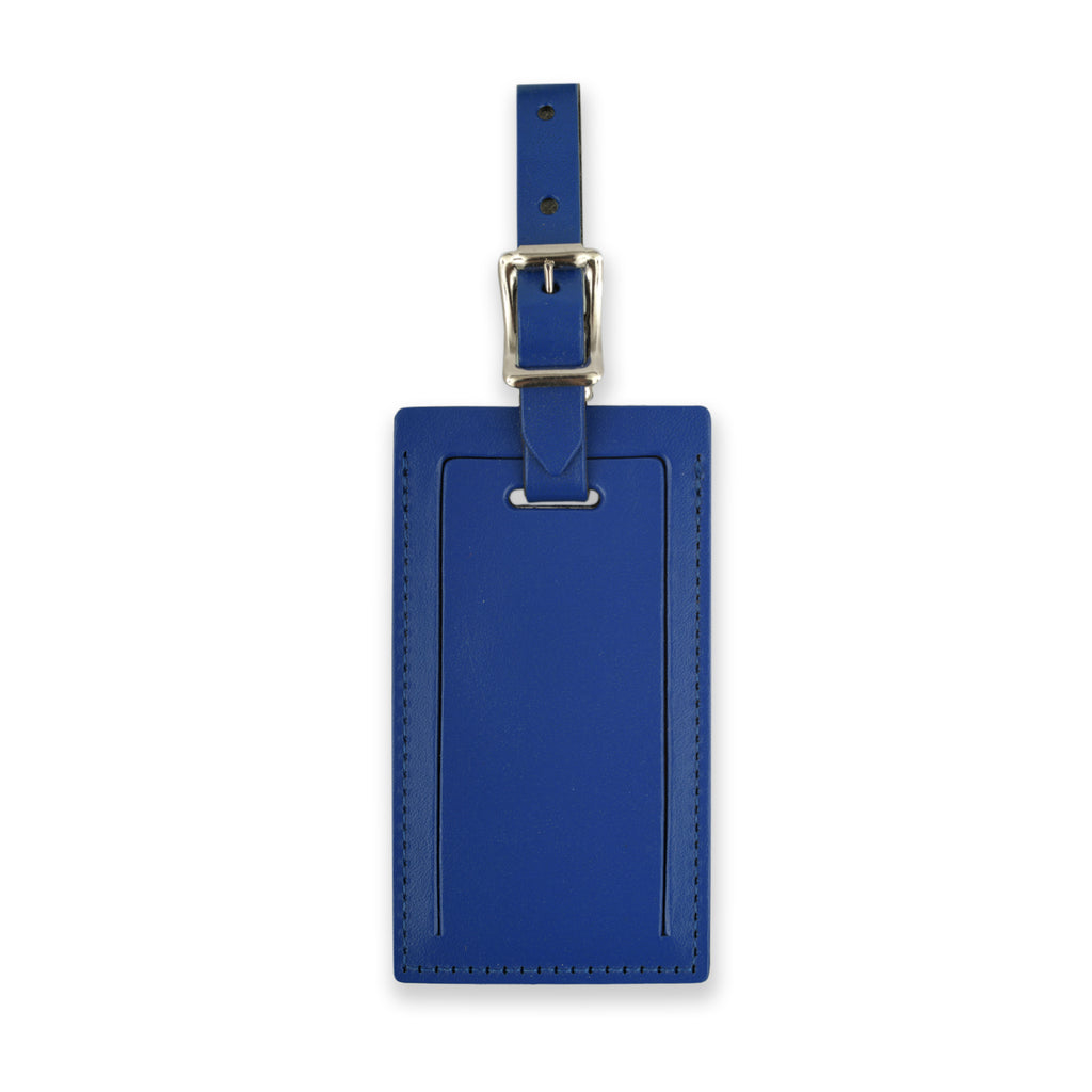 Royal blue personalized leather luggage tag by Index Urban, made in USA, with customizable name tag and durable leather strap.