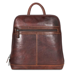 Front view of Jack Georges Voyager Adele Slim Backpack in brown leather, featuring sleek design and adjustable straps.