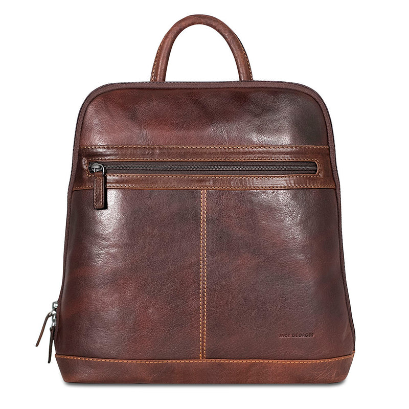 Front view of Jack Georges Voyager Adele Slim Backpack in brown leather, featuring sleek design and adjustable straps.