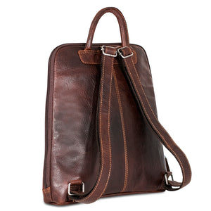 Jack Georges Voyager Adele Slim Backpack in brown leather with adjustable shoulder straps and multiple compartments.